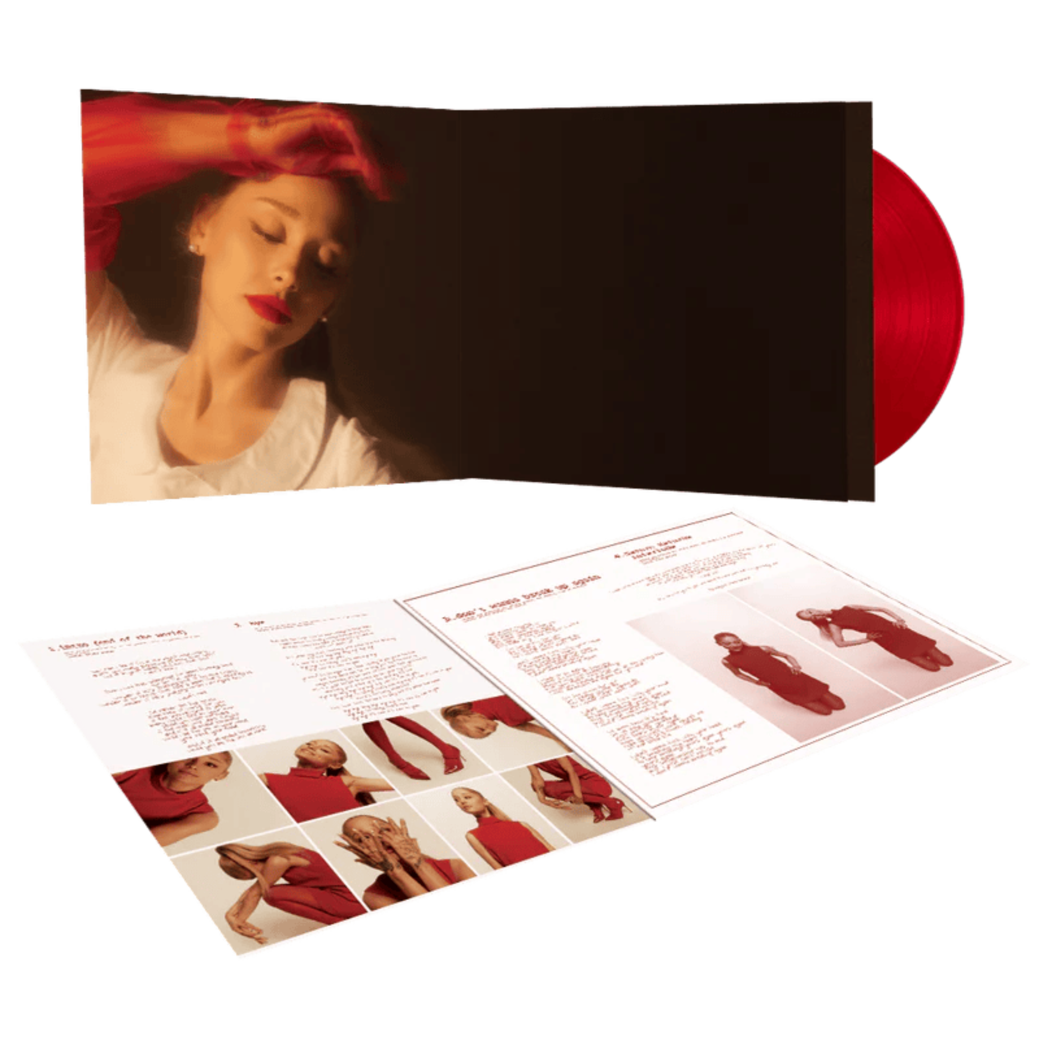 Vinyl record with a red cover featuring a woman's face and inner sleeve with images and text.