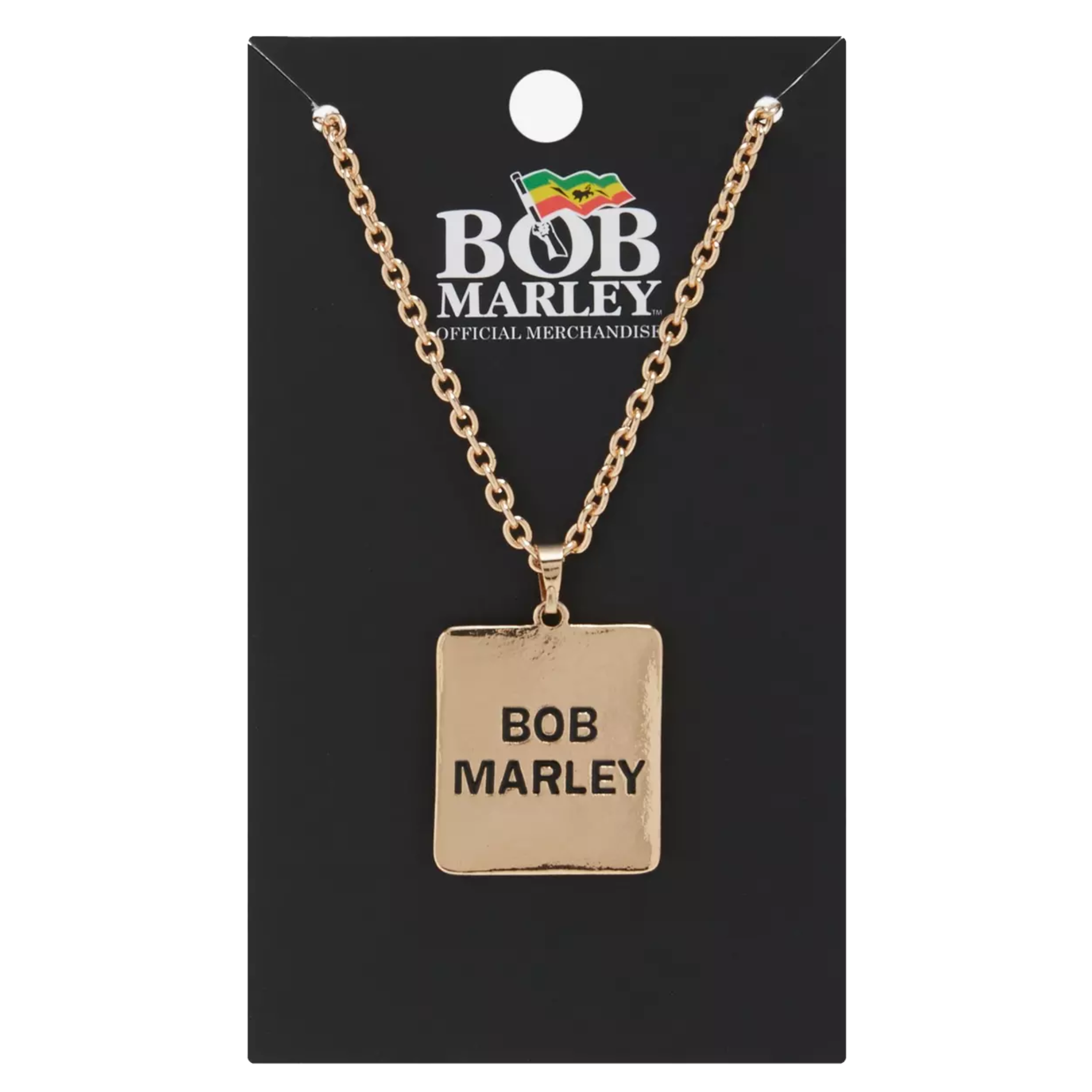 Gold necklace with 'Bob Marley' pendant on a branded card