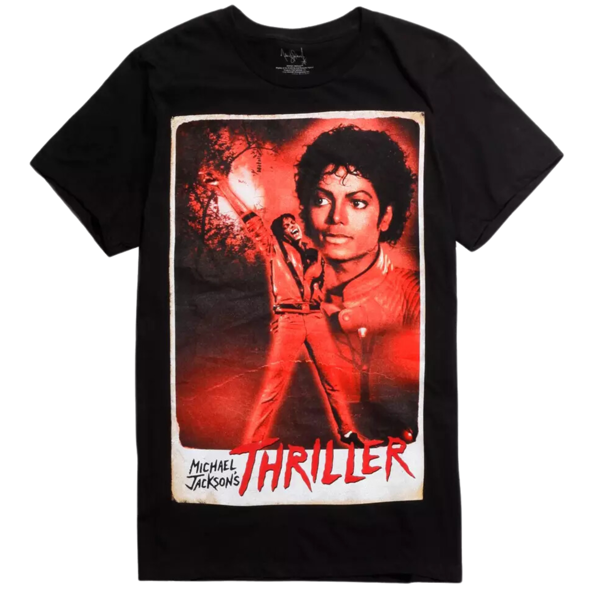 Black t-shirt with Michael Jackson 'Thriller' graphic design on a white background