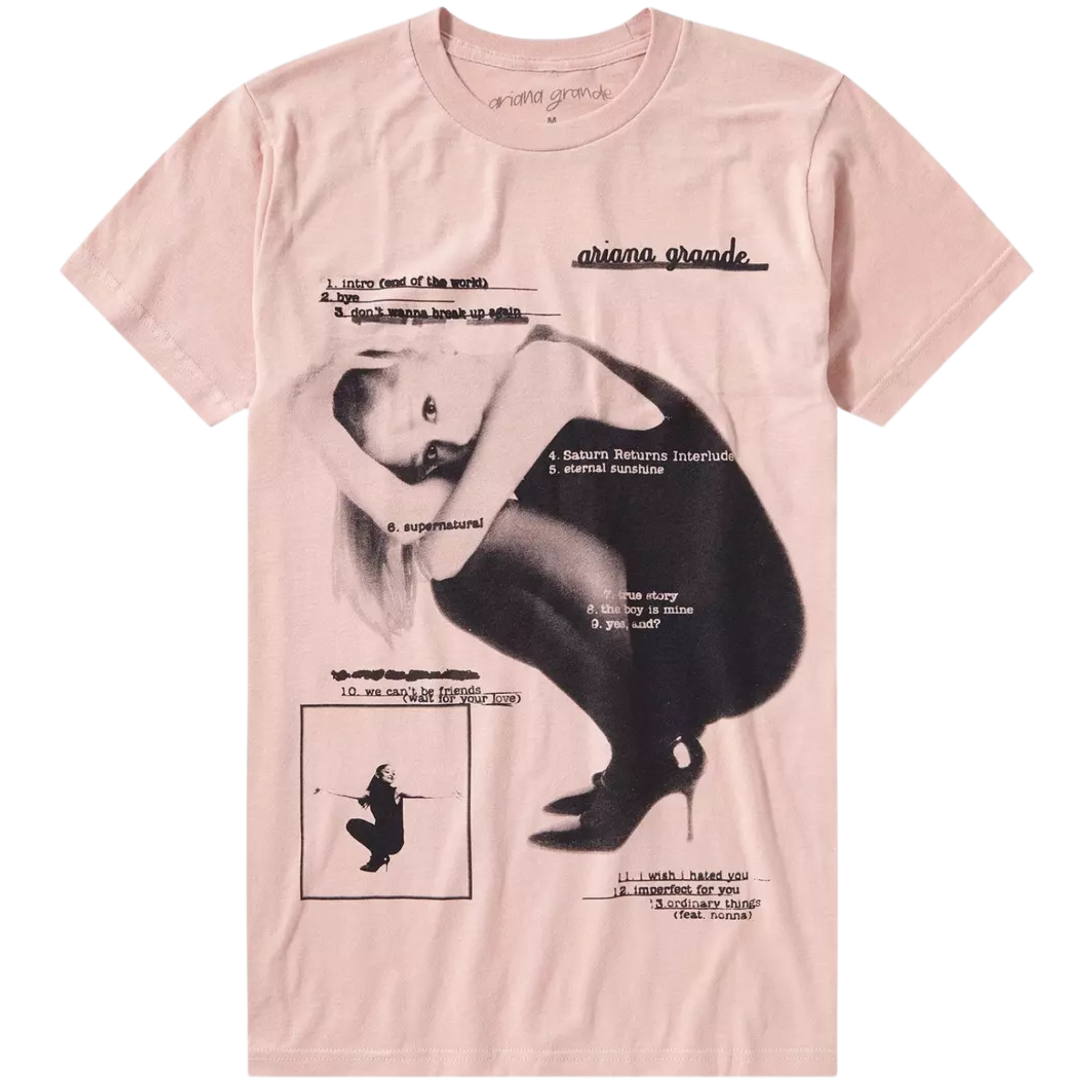 Pink t-shirt with graphic design and text, featuring a silhouette of a person.