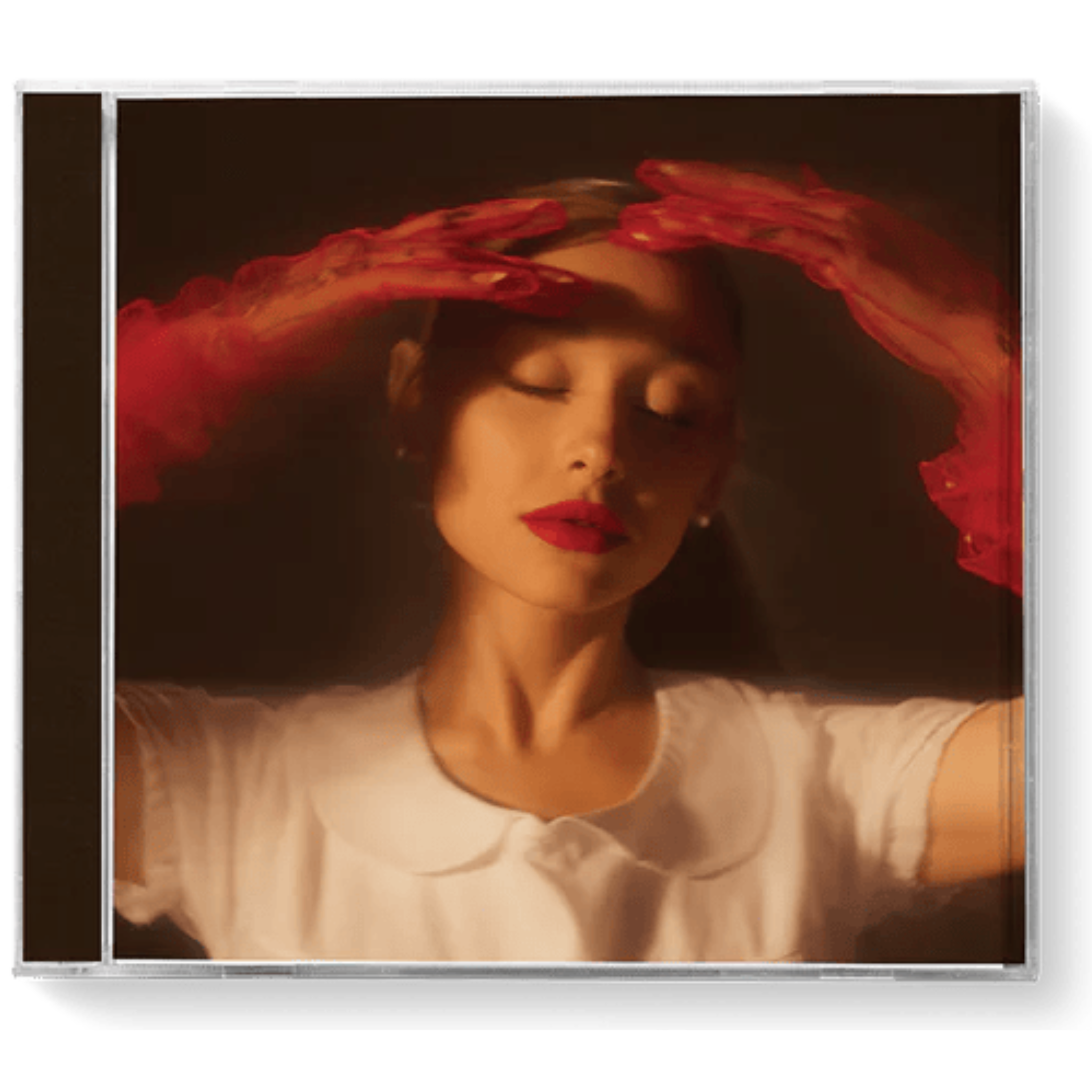 Woman with red hair and red lipstick wearing a white top against a dark background