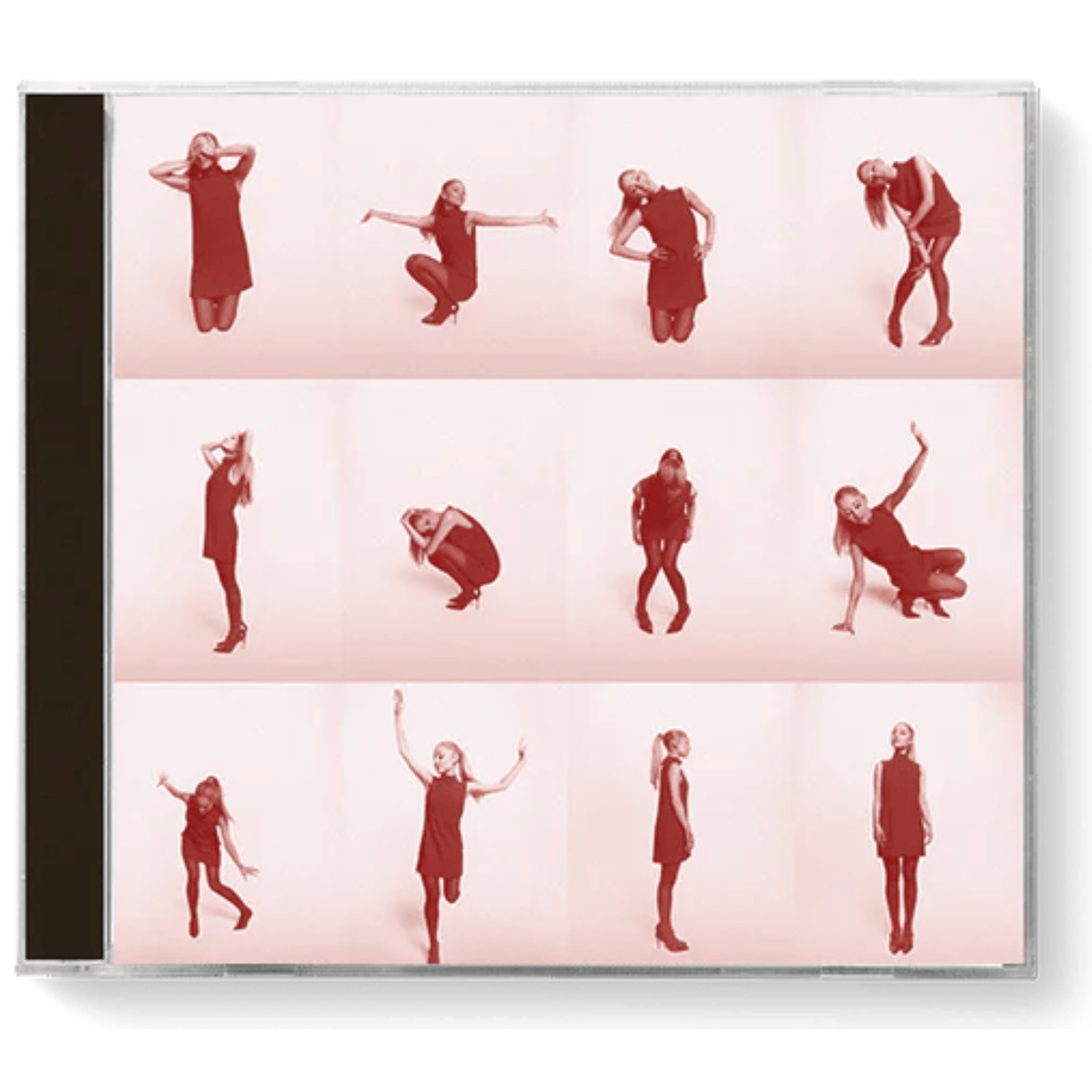 CD cover with red silhouette images of people on a white background