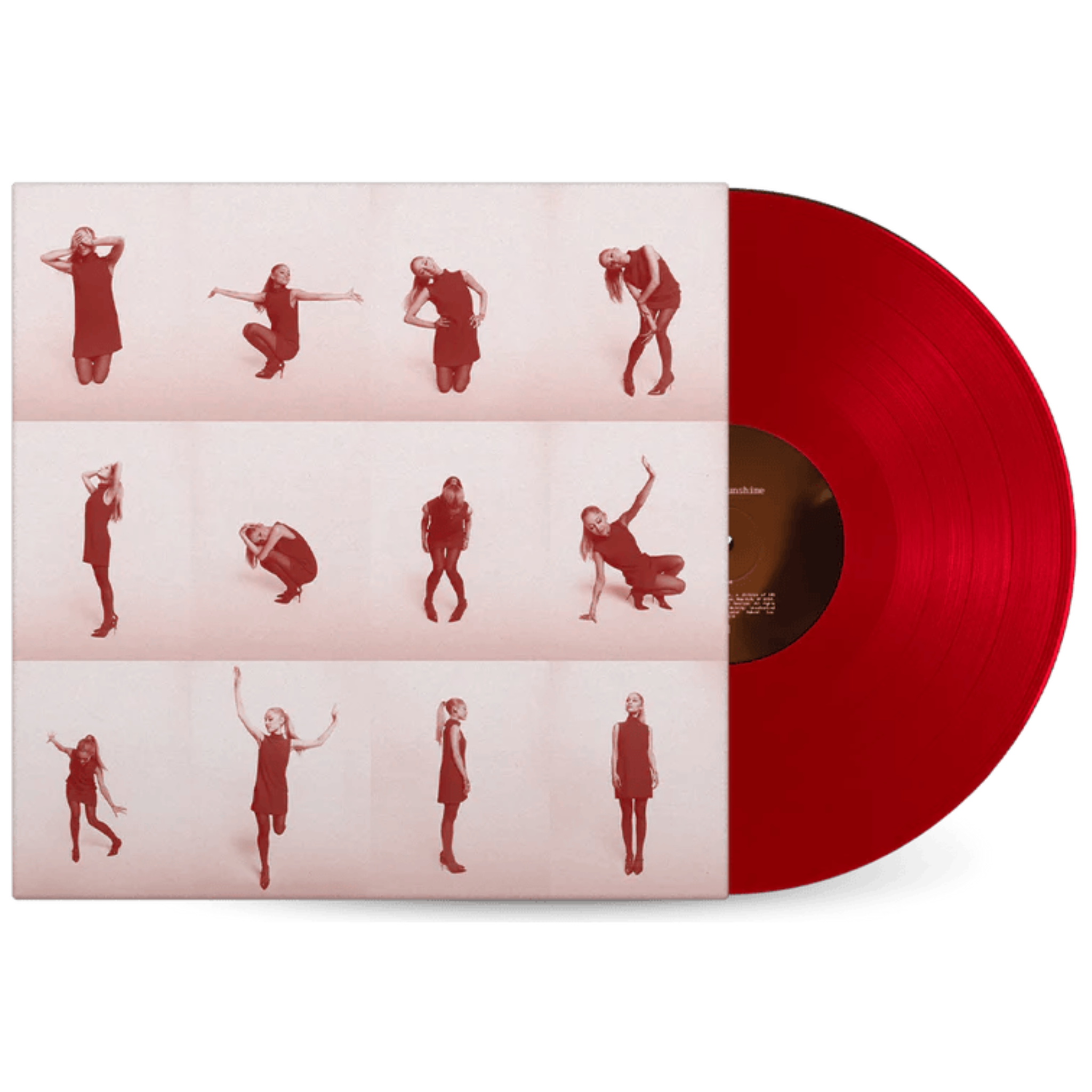Red vinyl record with artistic cover design on a white background