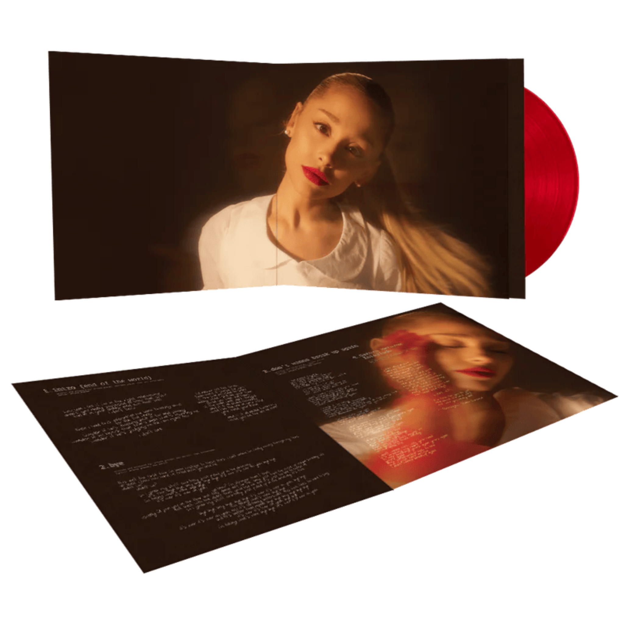 Vinyl record with a cover featuring a woman's face and a separate insert with text.