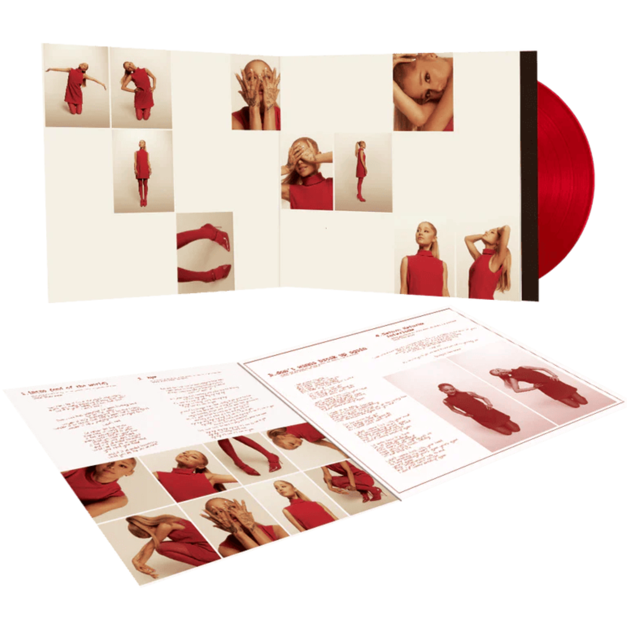 Vinyl record with red disc and multiple images of a person in a red dress on the cover and inner sleeve.