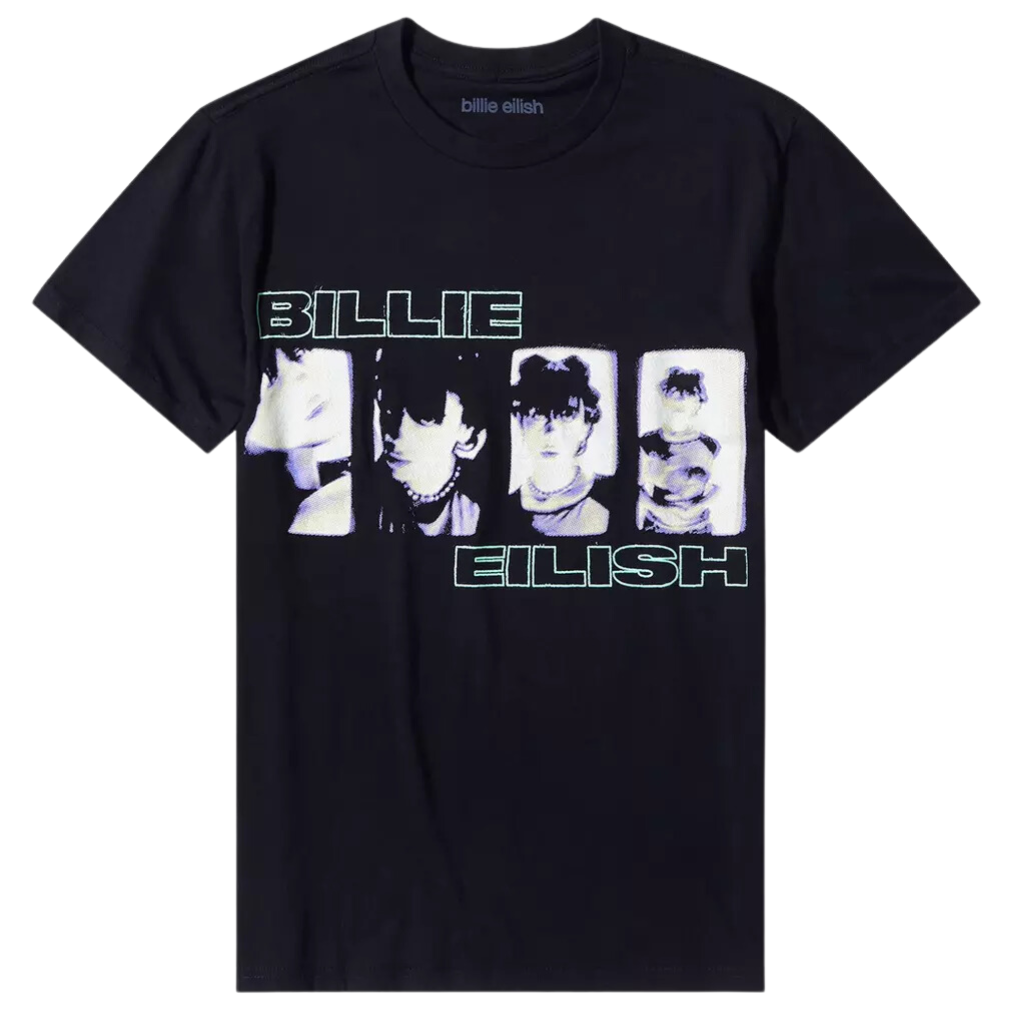 Black t-shirt with Billie Eilish graphic design on a white background