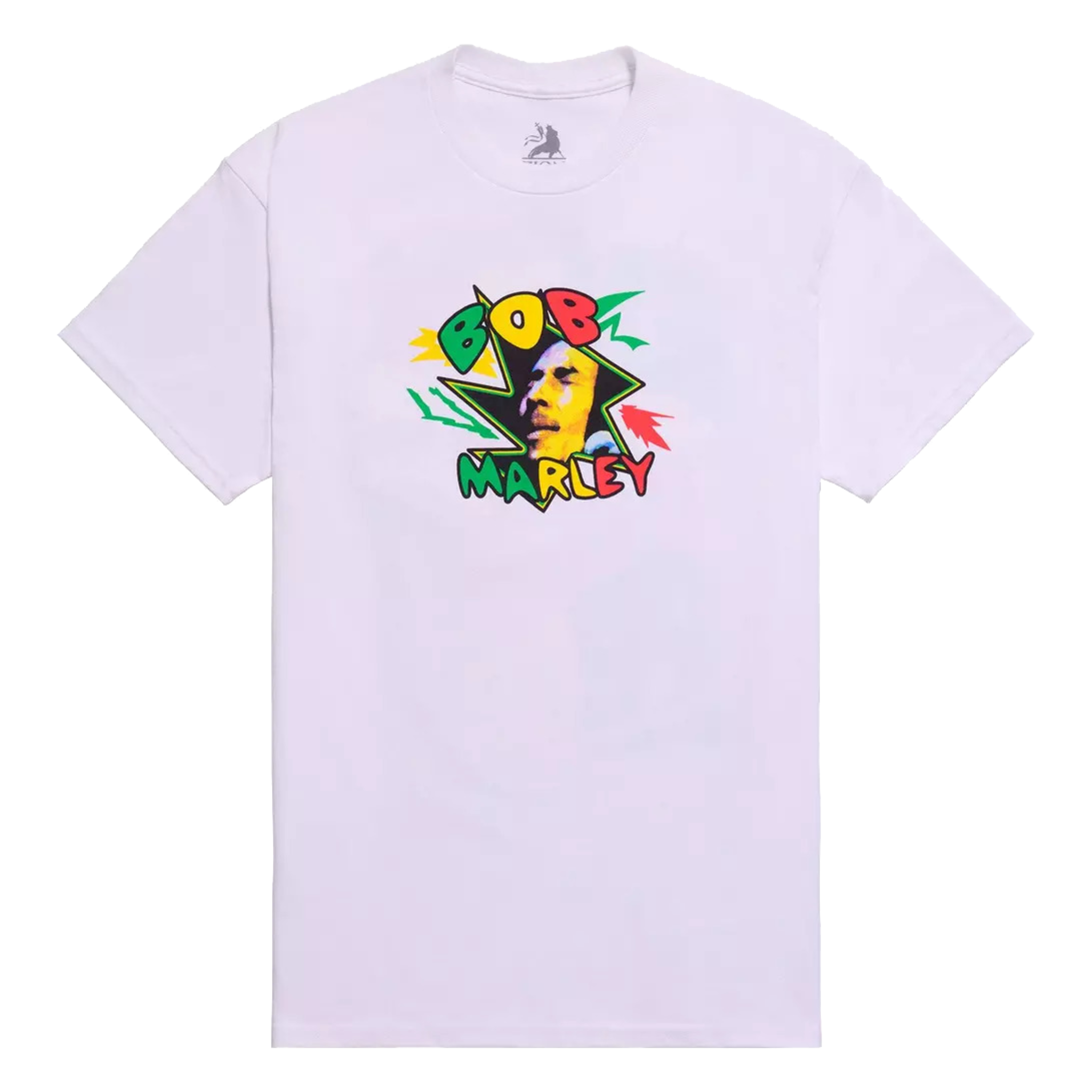 White t-shirt with Bob Marley graphic design on a white background