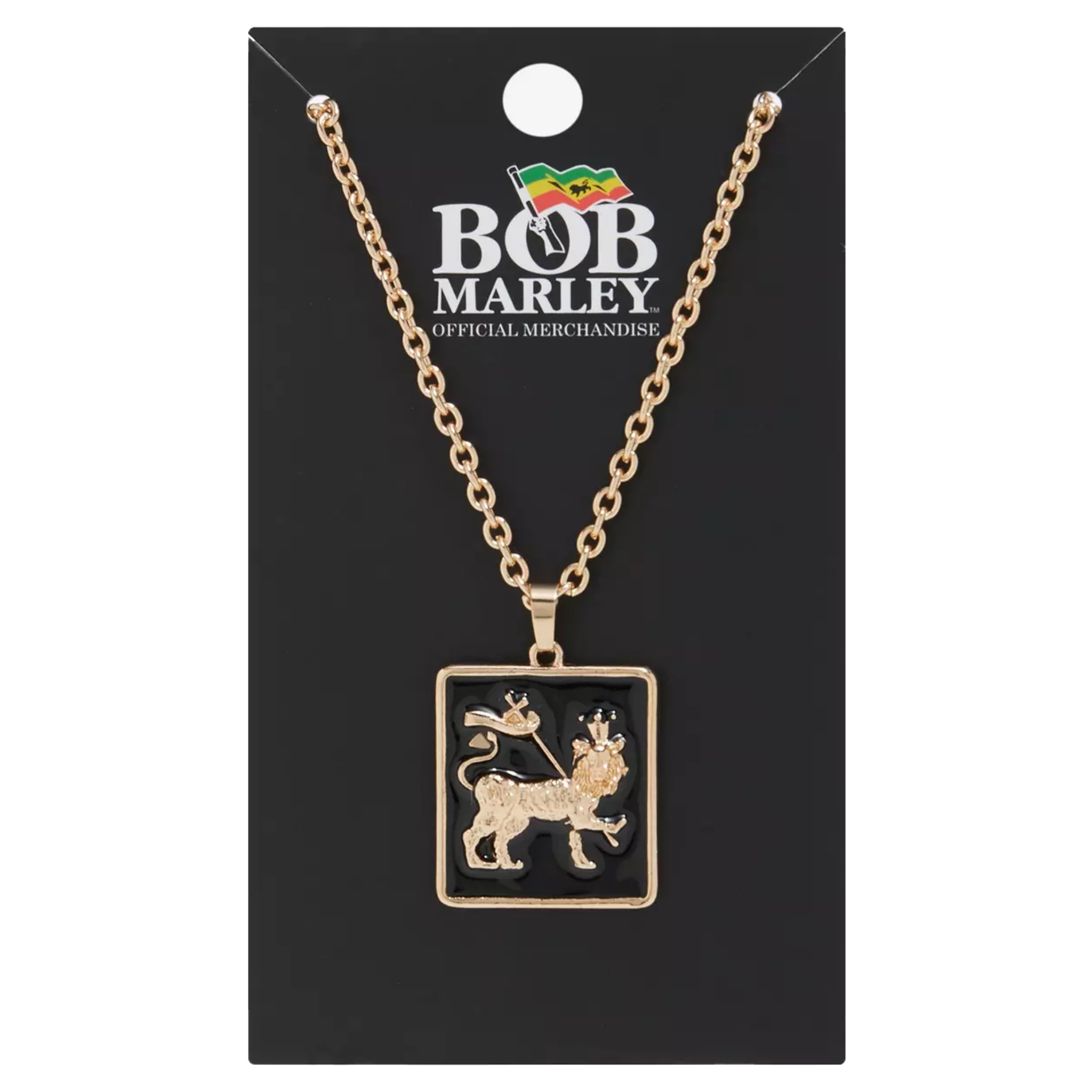 Gold necklace with pendant on a Bob Marley branded card