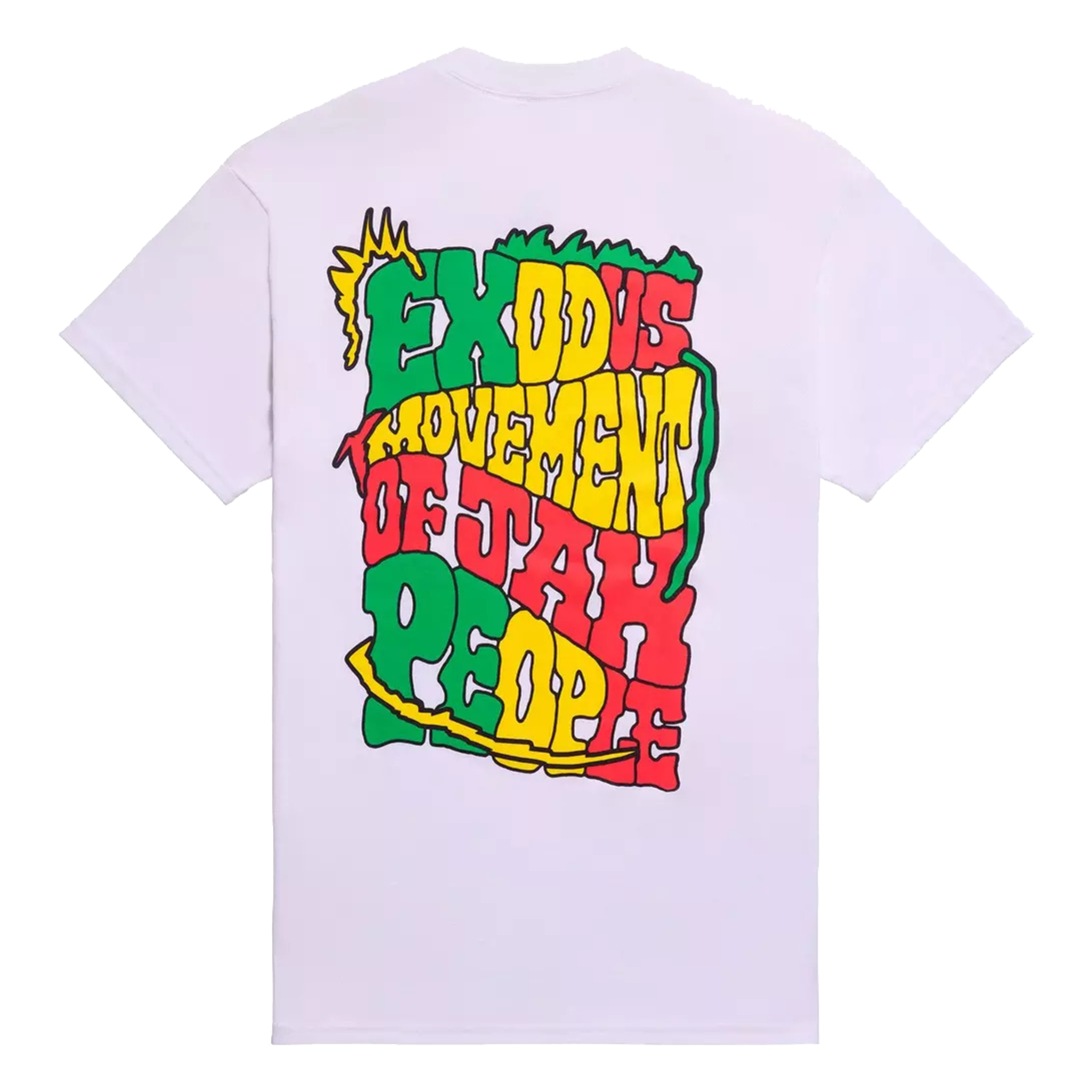 White t-shirt with colorful text design on the back against a white background