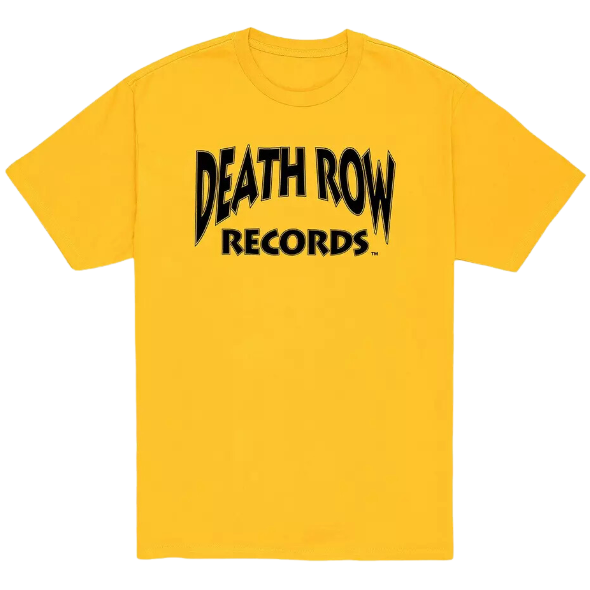 Yellow t-shirt with 'Death Row Records' text on a white background