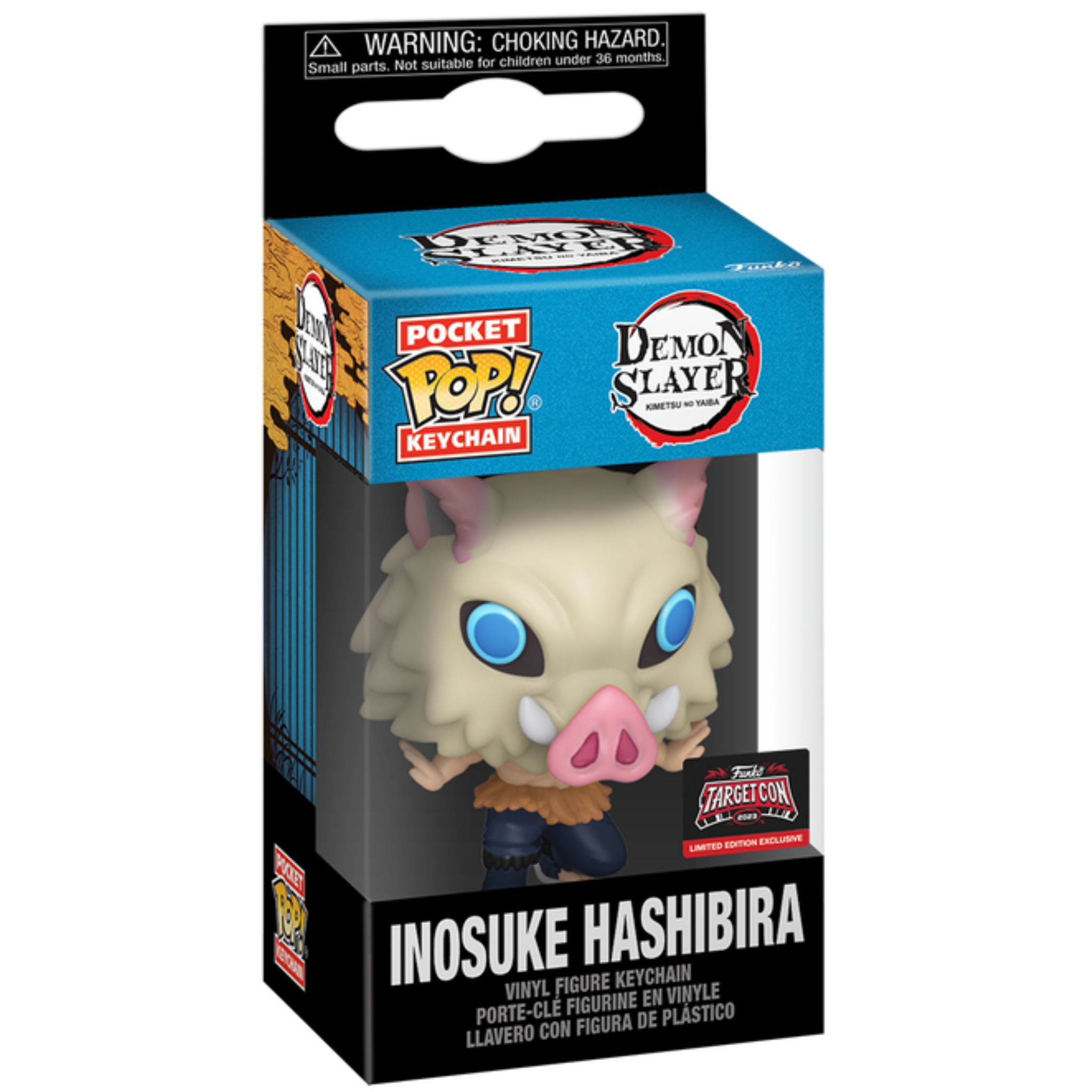 Funko Pop! keychain packaging for Inosuke Hashibira from Demon Slayer on a white background