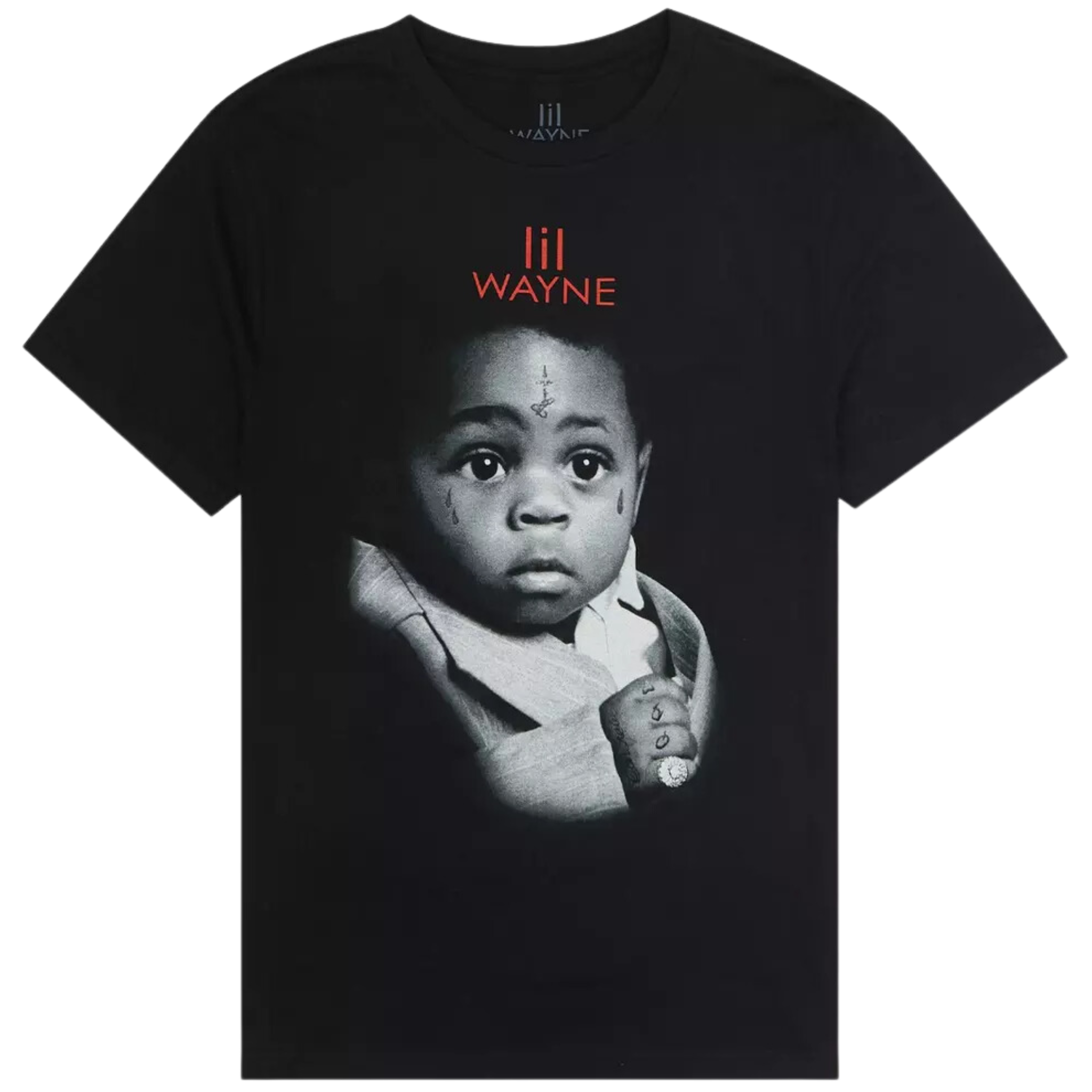 Black t-shirt with a graphic of a child and 'III Wayne' text on a white background