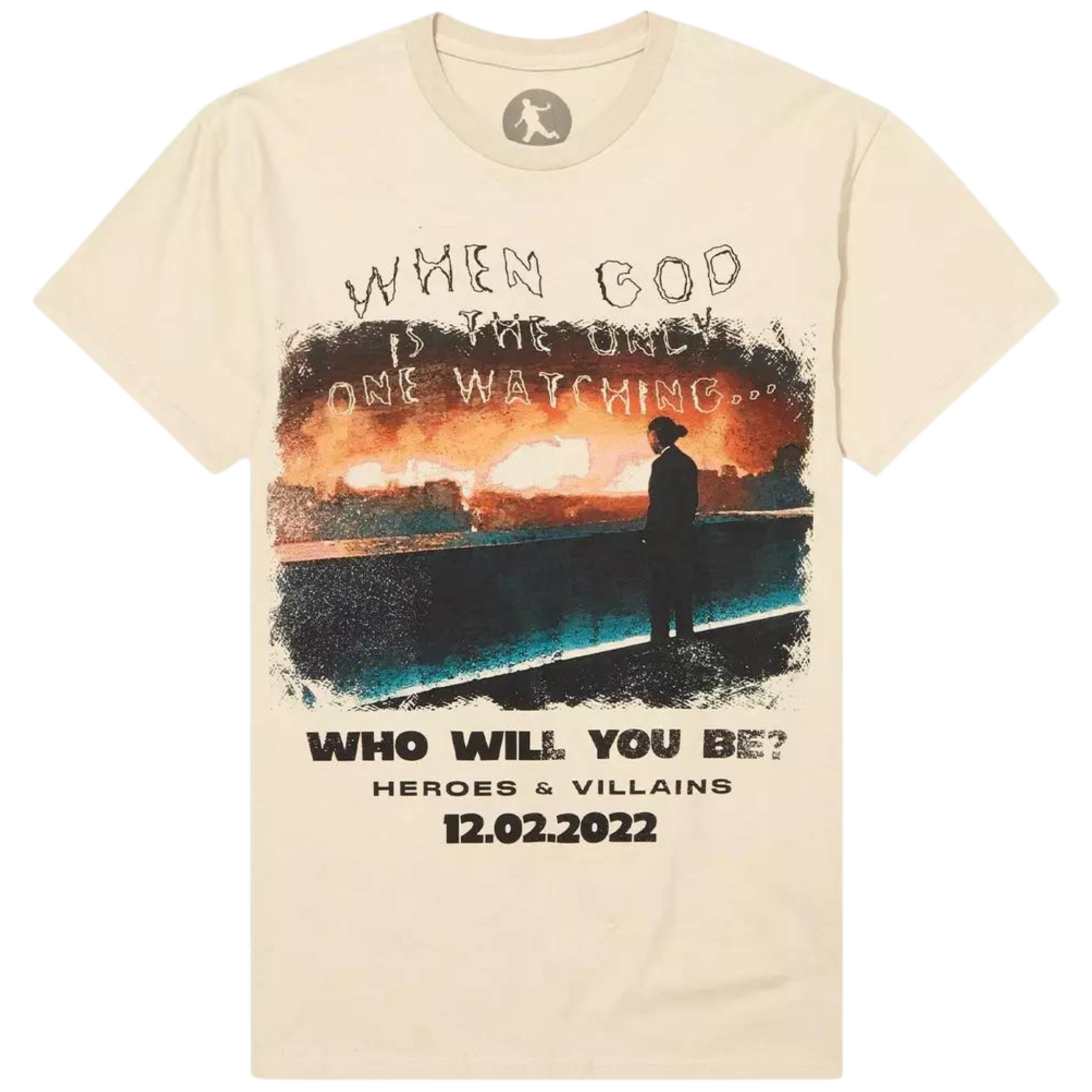 Beige t-shirt with a graphic design and text on a white background