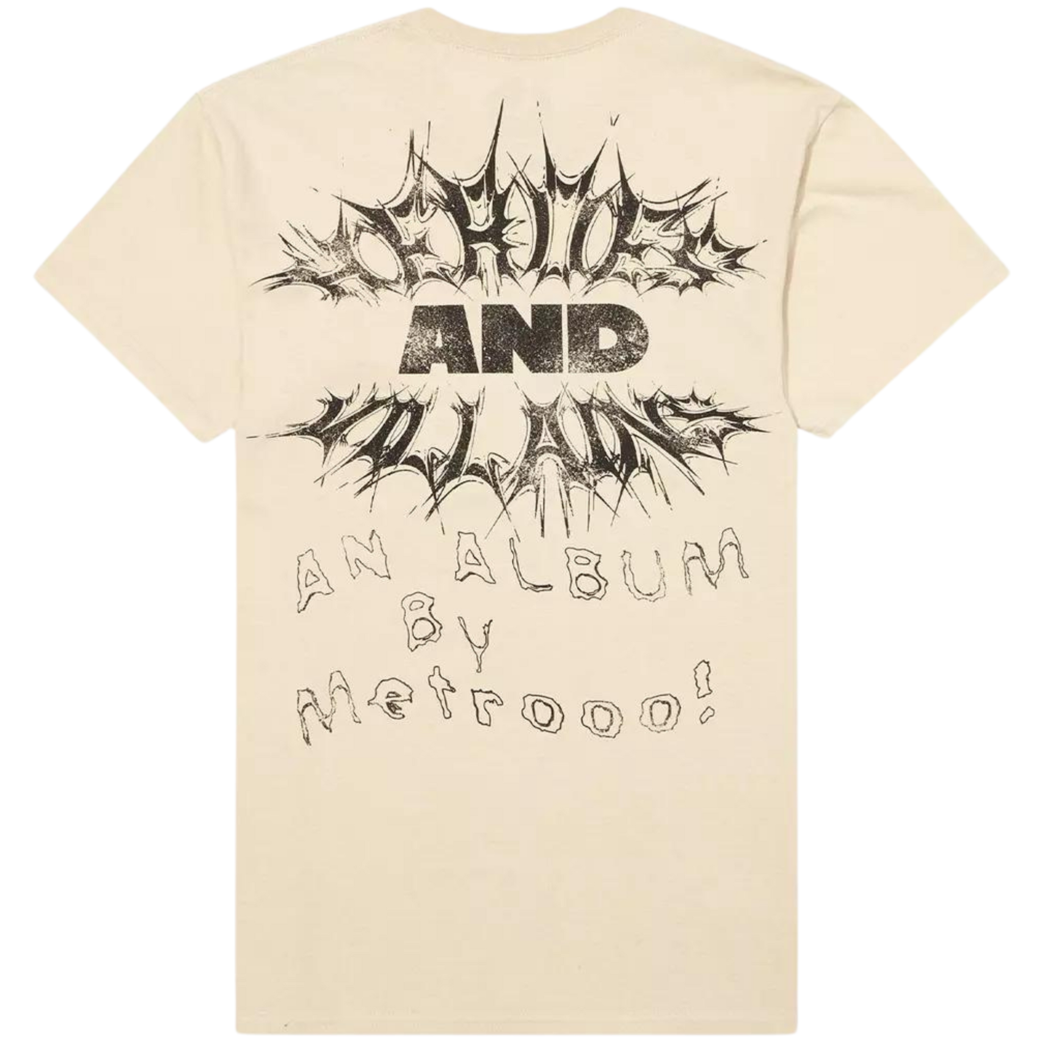 Beige t-shirt with black text design on a white background