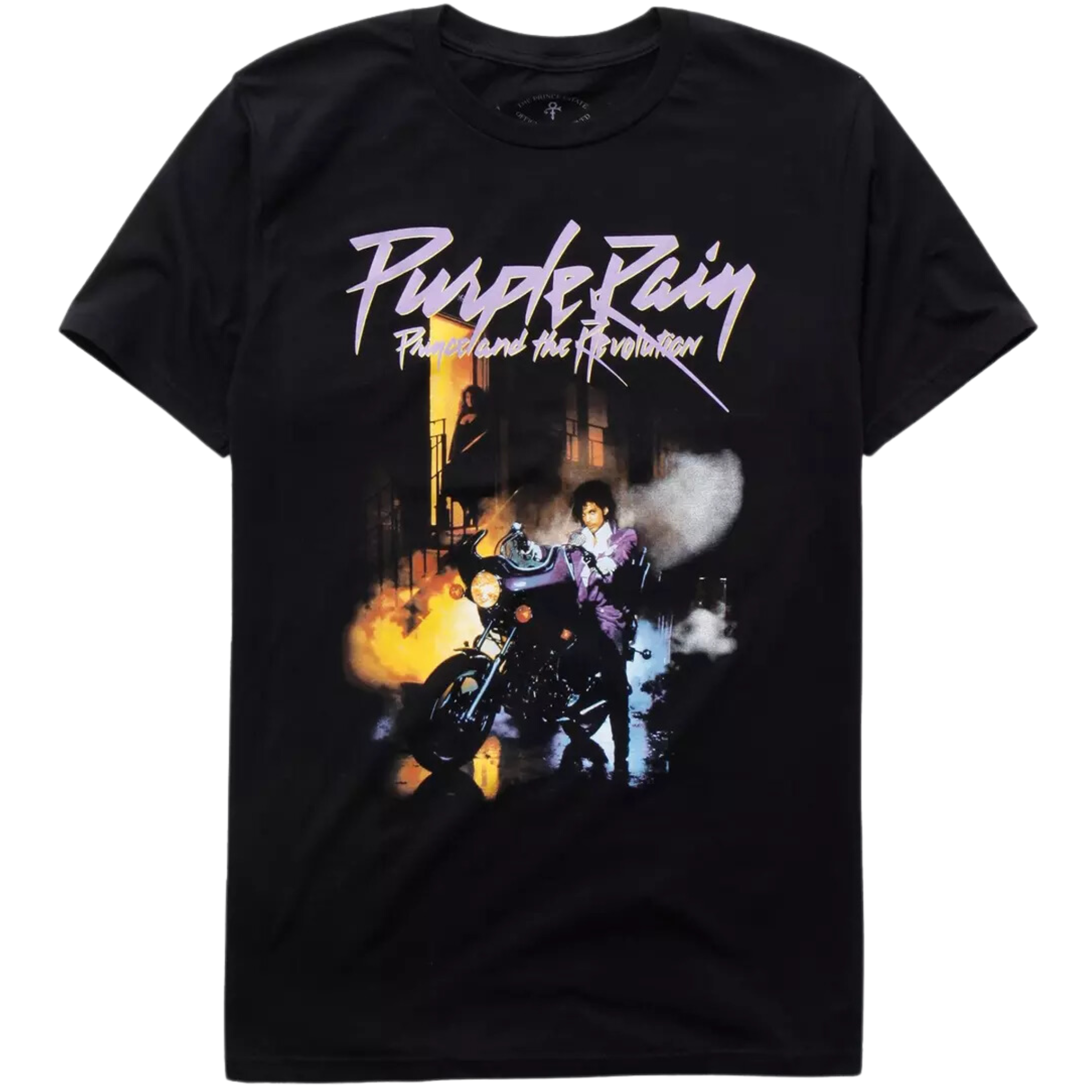 Black t-shirt with 'Purple Rain' graphic design featuring a motorcycle and people on a white background.