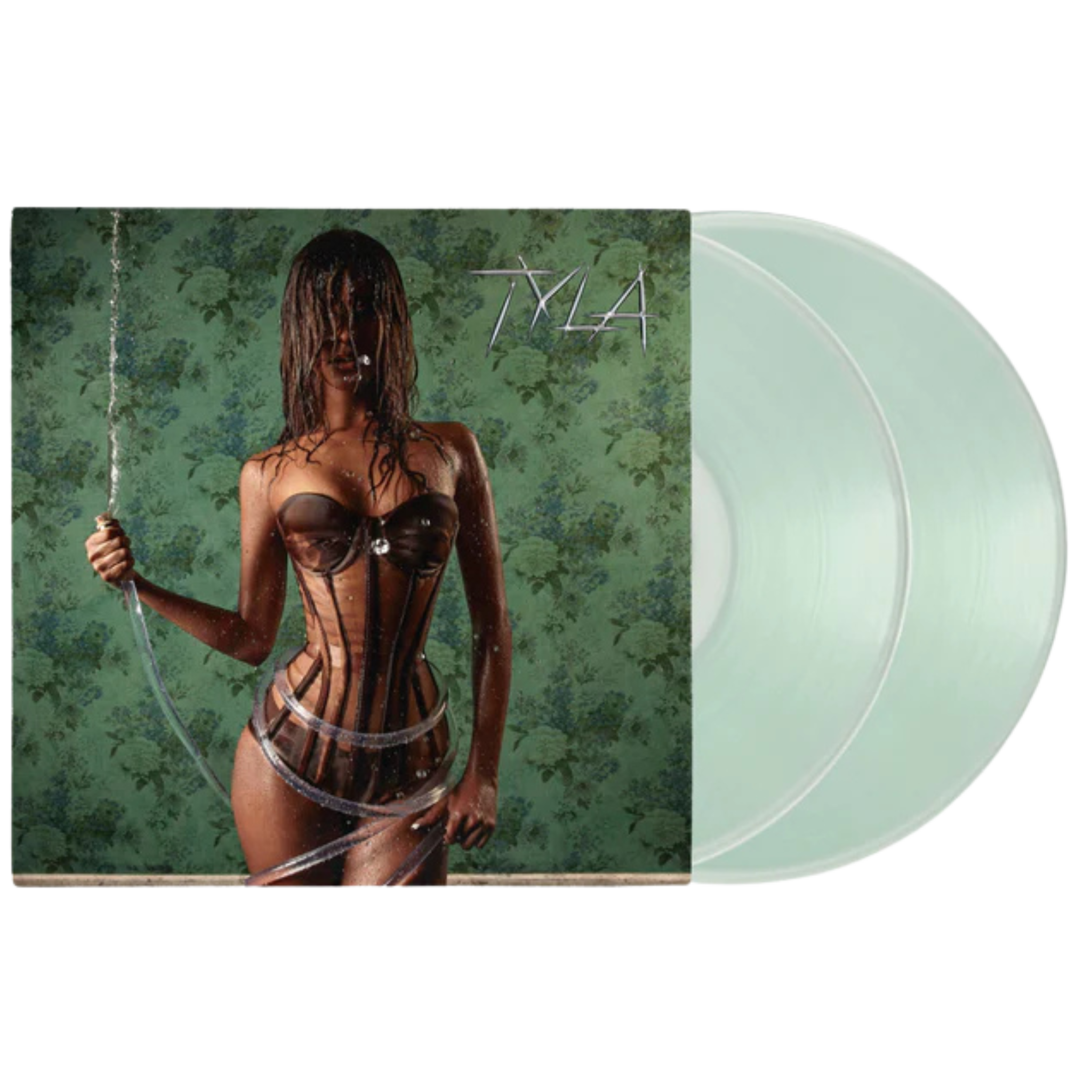 Vinyl record with a cover featuring a person in a corset against a green textured background.