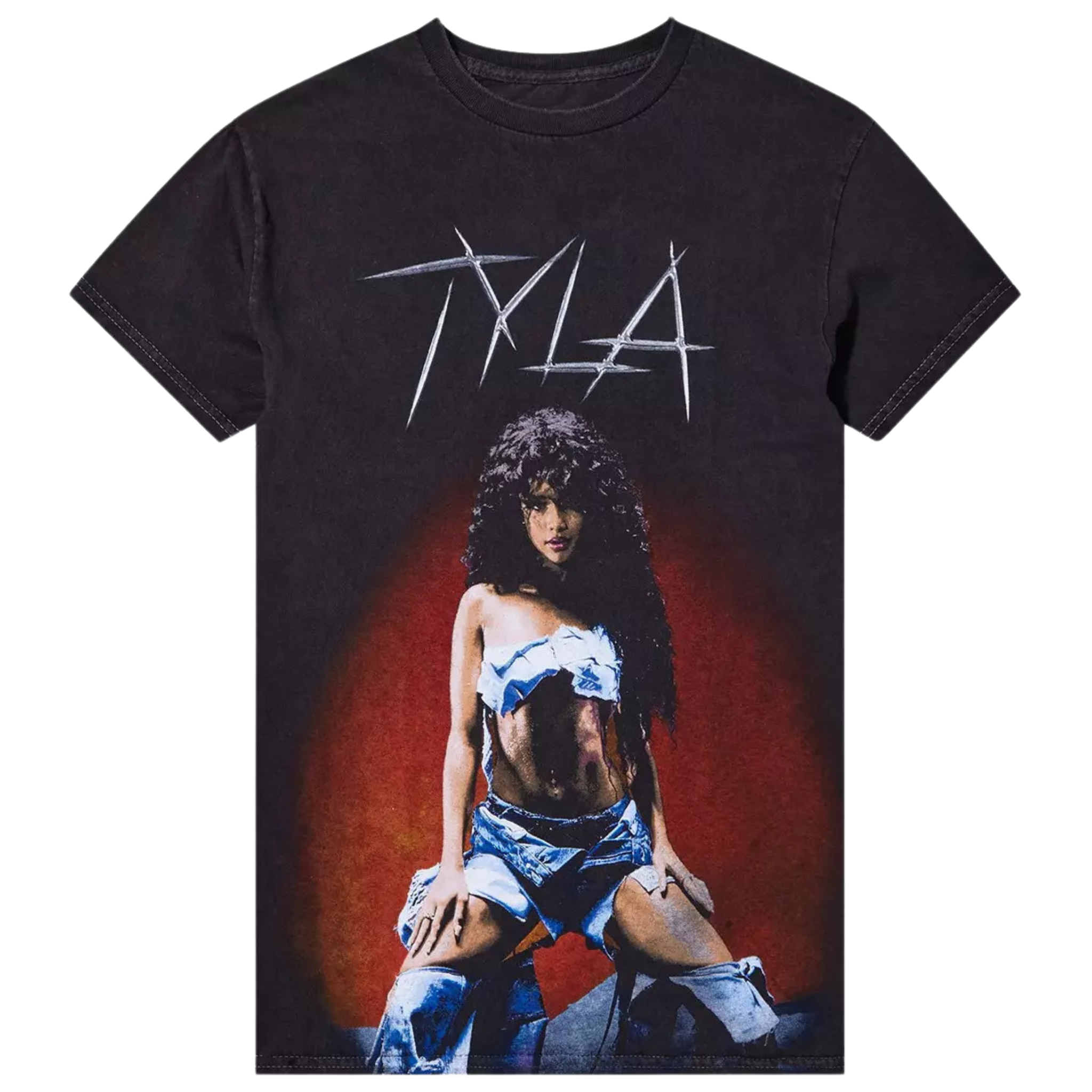 Black t-shirt with graphic design of a woman and 'Tyla' branding on a white background